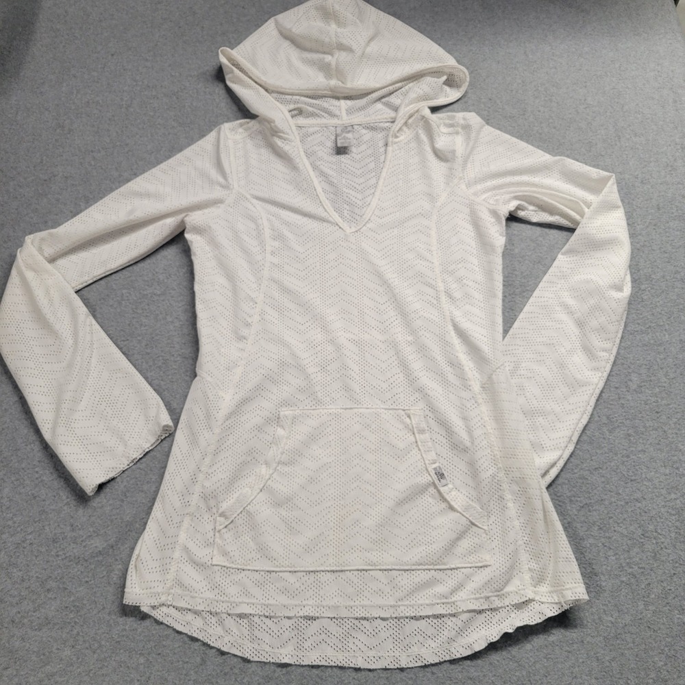 Prana Breathe White Chevron Mesh Hoodie V-Neck Pullover Activewear Womens Medium